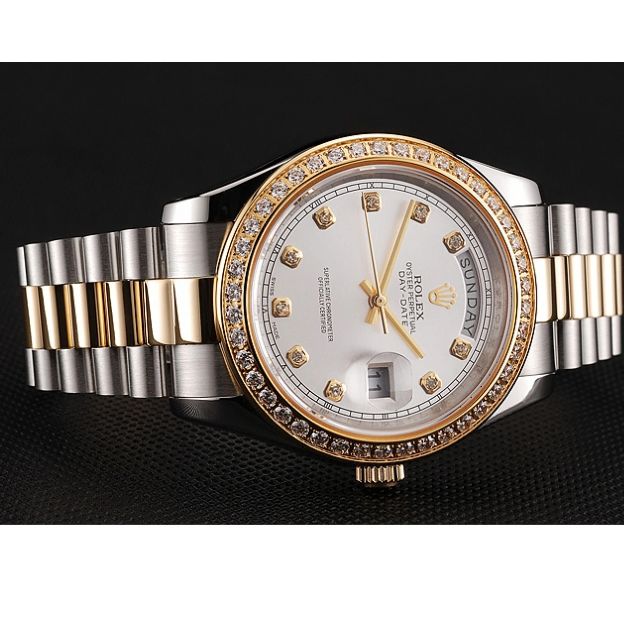 Aaa fake watches Dial 1453971 White Steel Gold Bracelet Stainless Diamond Day-Date Two Tone Swiss Rolex Case 1025